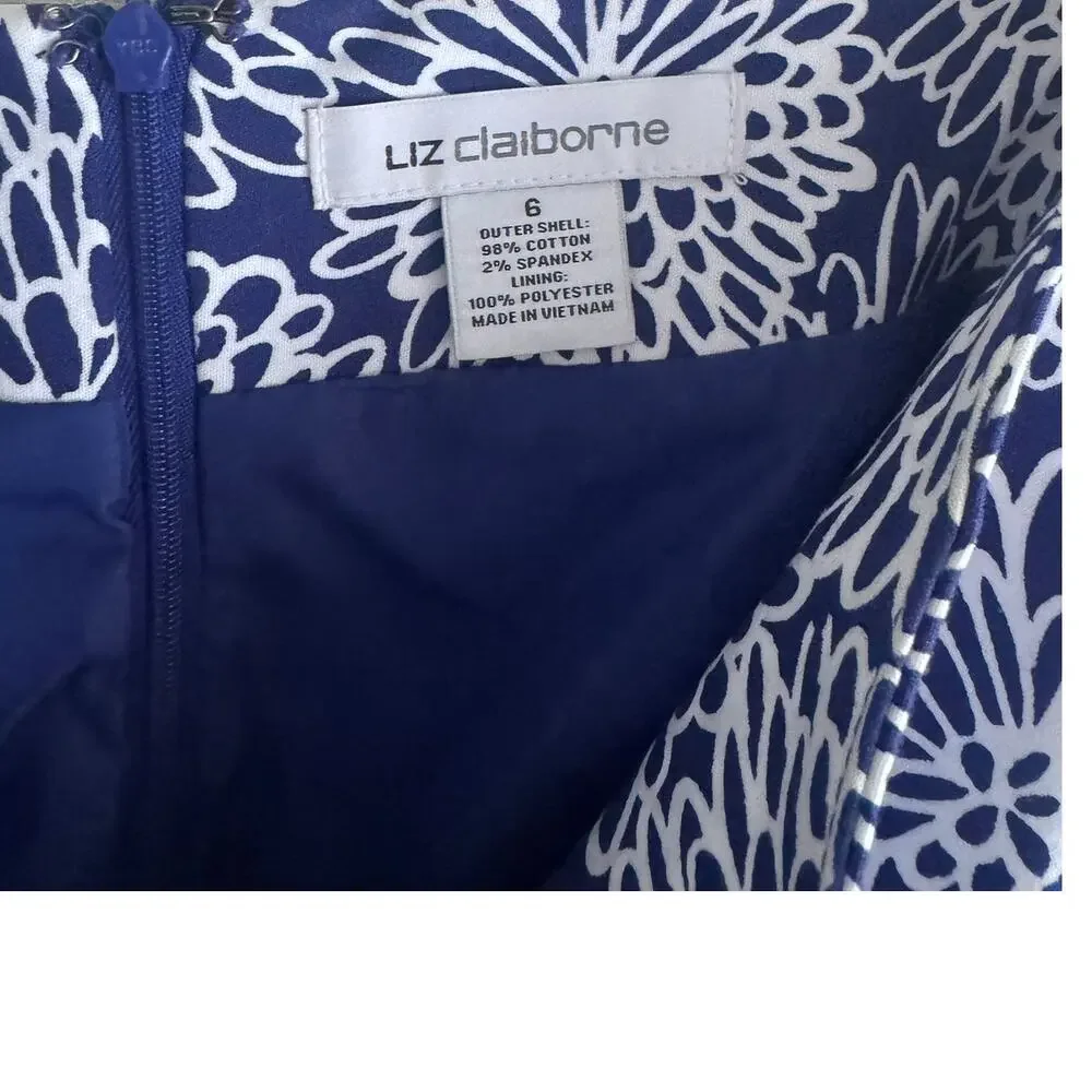 Liz Claiborne Size 6 Blue White Print Pencil Skirt Back Zipper Lined